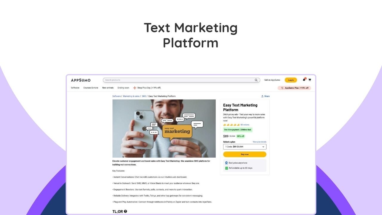 An easy text marketing platform offering lifetime access. Send SMS/MMS, automate campaigns, and ditch recurring fees!